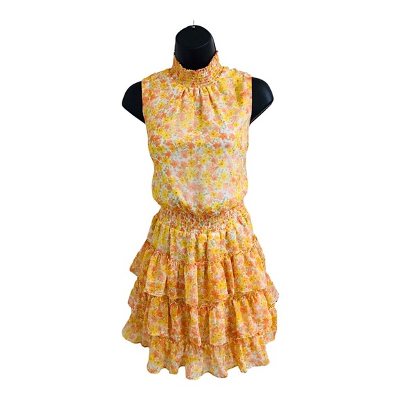 1.State‎ yellow floral smock neck & waist tiered ruffled skirt dress size large - Picture 1 of 16